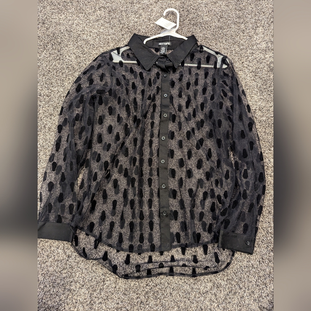 Hot Topic Button Mesh Coffin w/collar Long Sleeve Shirt